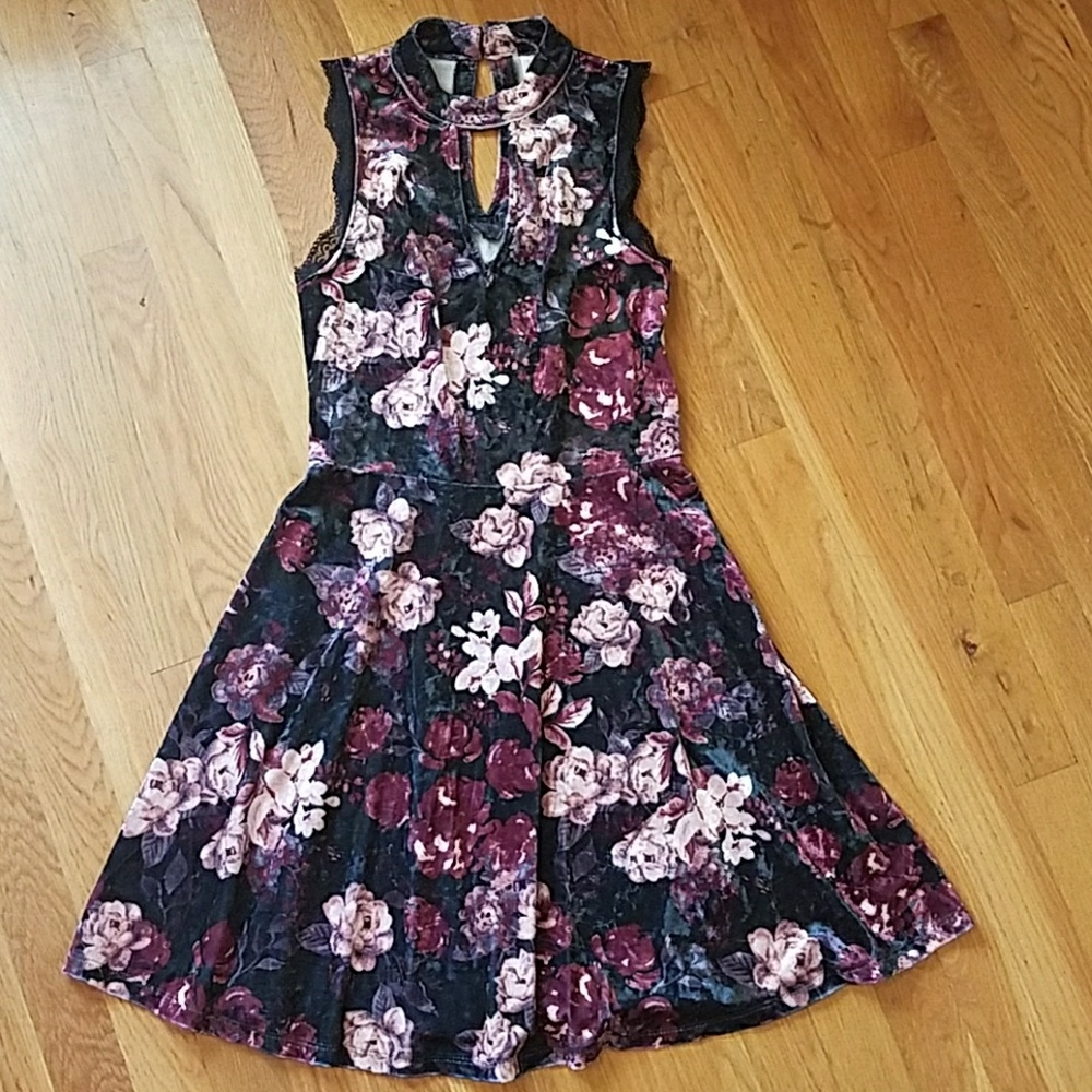 Velvety black floral cutout neck dress